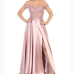 Off the Shoulder A-Line Gown with Sheer Beaded Bodice and Leg Slit